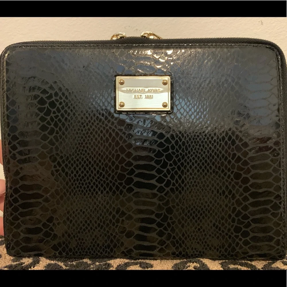 Michael Kors Black Faux Snakeskin Tablet Case with Gold Plate